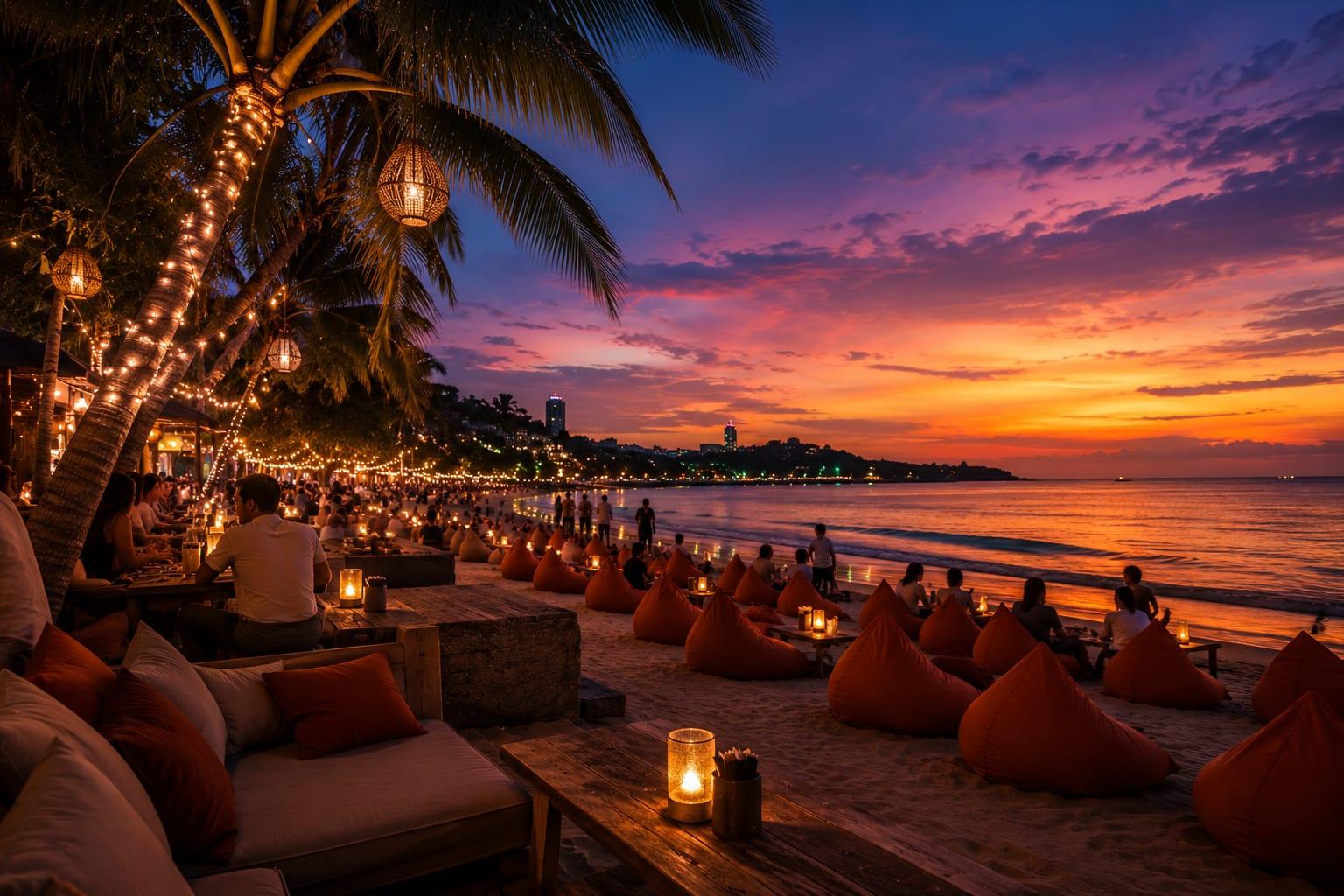 A beach club lounge under string lights at sunset