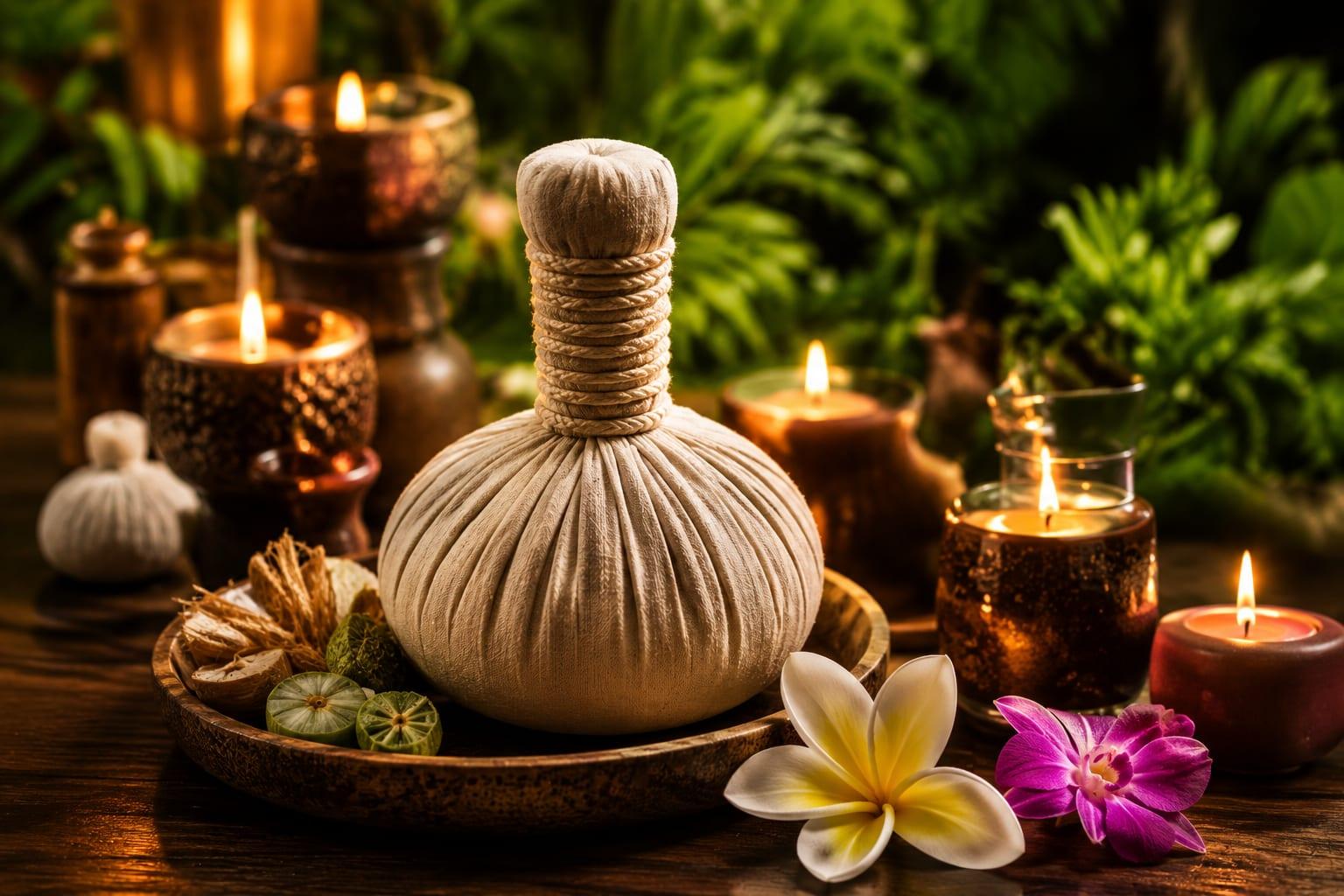 Thai herbal compress balls and candles at a spa