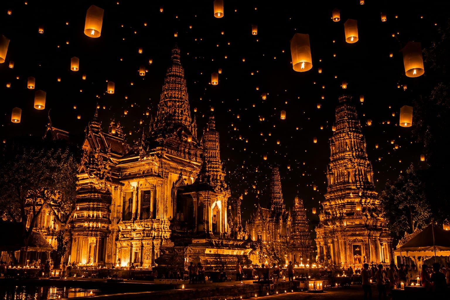 Lanterns rising over temples at a night festival